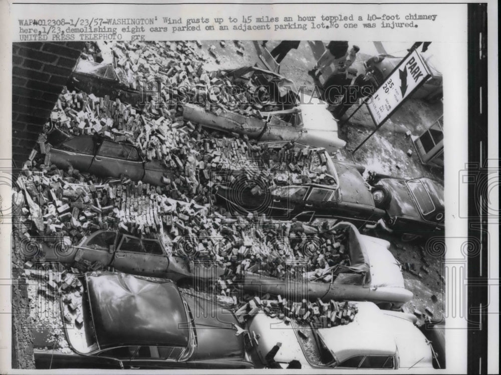 1957 Press Photo Chimney and Cars Demolished in Wind Storm, Washington - Historic Images