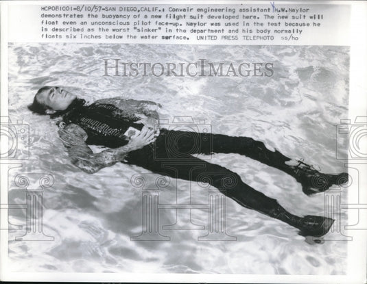 1957 Press Photo San Diego California HW Naylor Flight Suit Testing Pilot - Historic Images