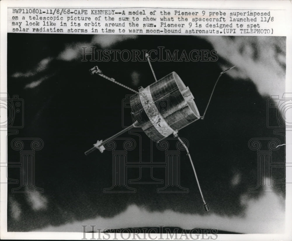 1968 Press Photo Model Of Pioneer Probe Superimposed - Historic Images