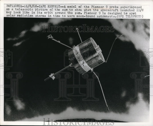 1968 Press Photo Model Of Pioneer Probe Superimposed - Historic Images