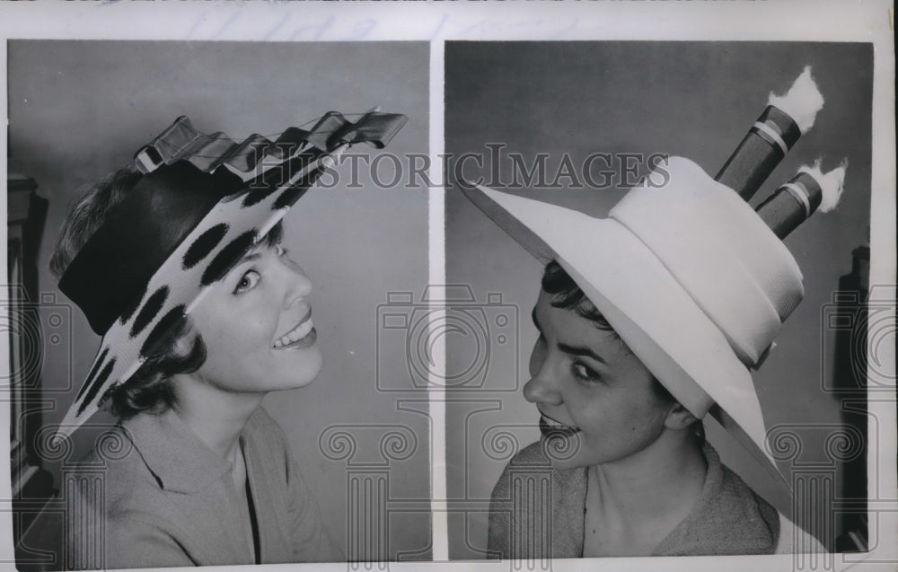 1958 Press Photo Evans Evans &amp; Sybil Scotford model Mr. John Hats - Historic Images