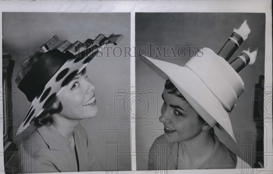 1958 Press Photo Evans Evans & Sybil Scotford model Mr. John Hats - Historic Images