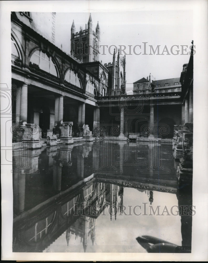 1949 Press Photo Tower of Abbey at Roman baths in Italy - Historic Images