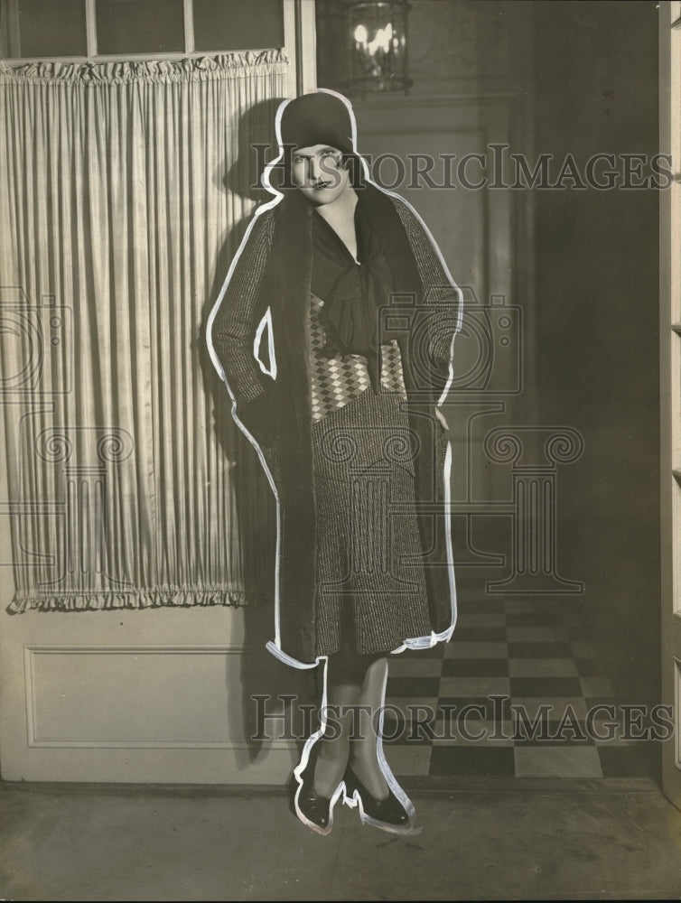 1929 Press Photo Model Wearing Brown Striped Tweed Coat &amp; Matching Skirt - Historic Images