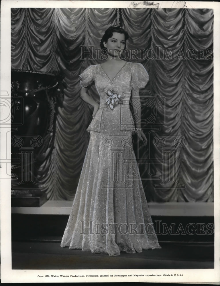 1936 Press Photo Frances Langford in Ball Gown of White Crepe Silver Embroidery-Historic Images