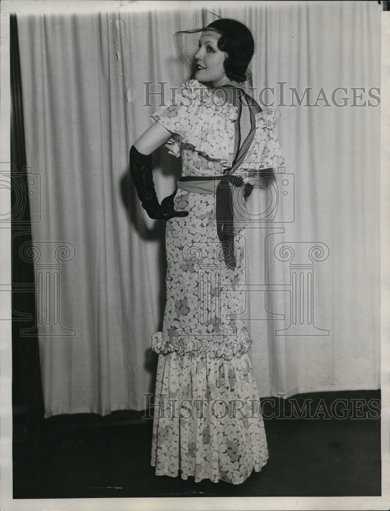 1934 Press Photo Model Jolieta McCready Wearing Flowered Voile Cocktail Dress - Historic Images