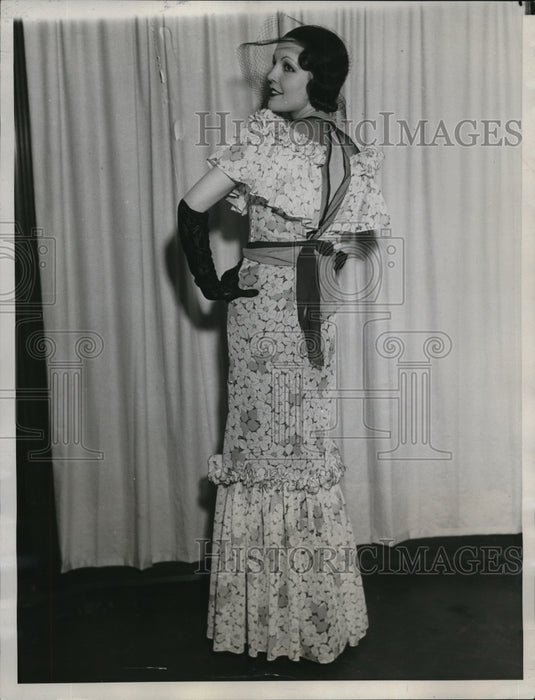 1934 Press Photo Model Jolieta McCready Wearing Flowered Voile Cocktail Dress - Historic Images
