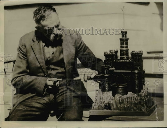 1926 Press Photo Joseph Hattich & carving of castle he created - Historic Images