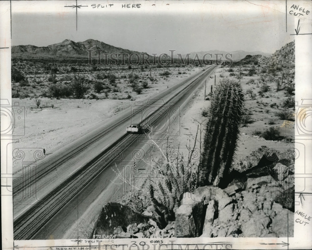 1957 Press Photo Goodyear Captive Air tires tested on a desert road - Historic Images