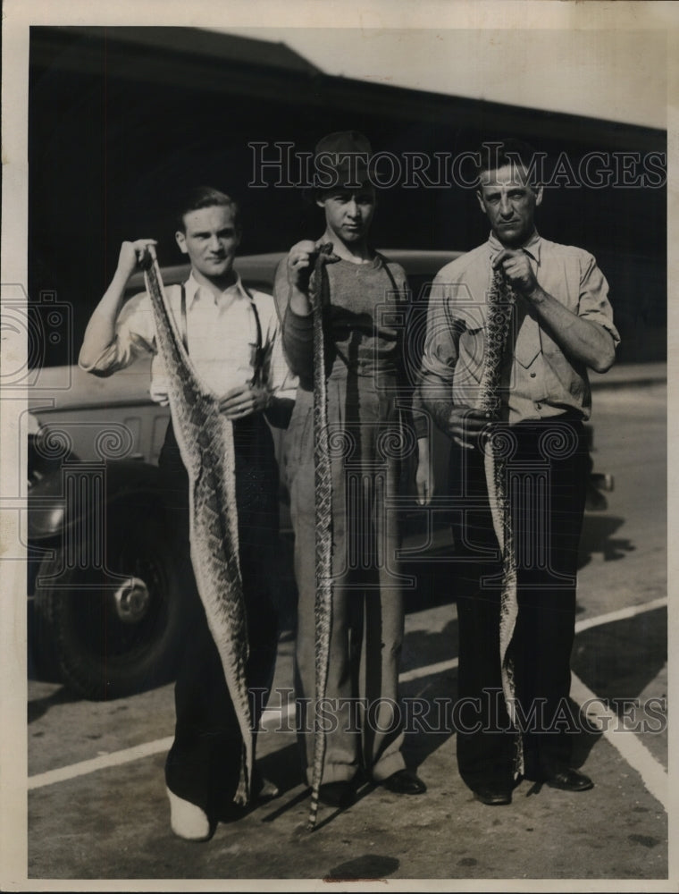 1935 Press Photo Victor Stoltz, Isaac Thomas, Frank Tarden &amp; snakeskins - Historic Images