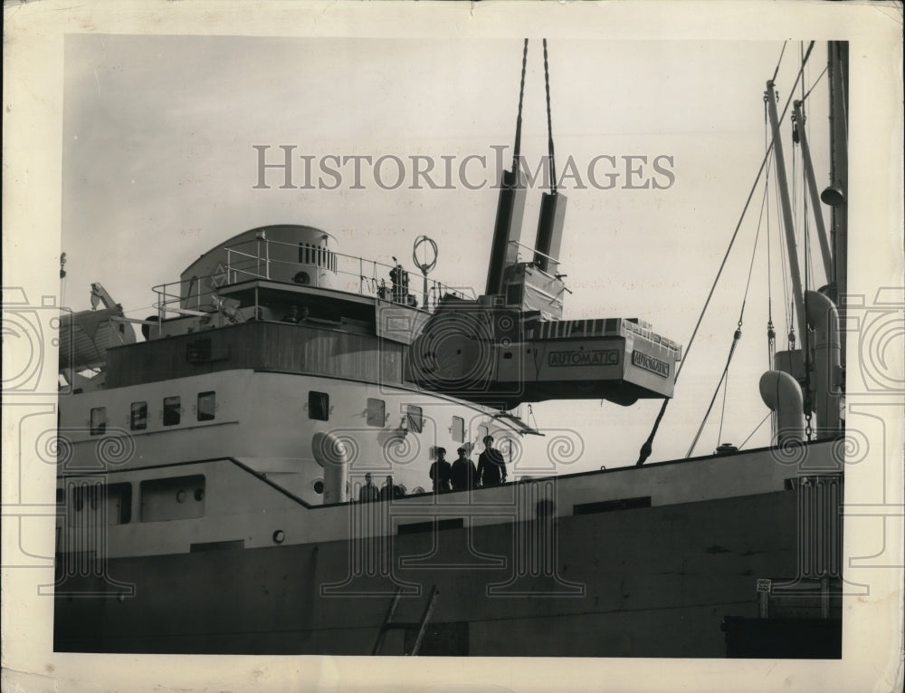 1952 Press Photo Huge industrial truck aboard ship en-route  Rouen, France - Historic Images