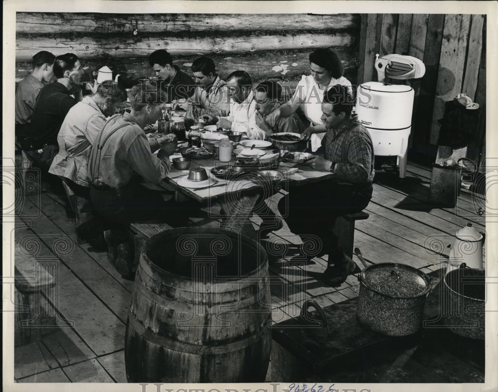 1949 N Ontario Canada loggers at their camp have a meal - Historic Images