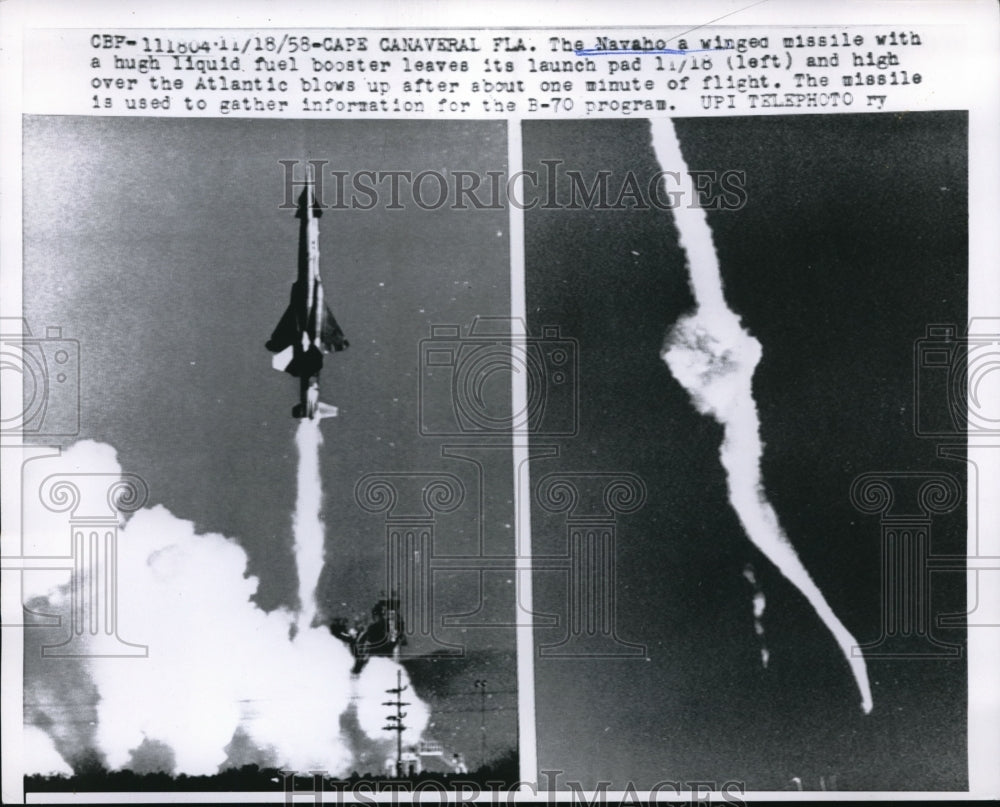 1958 Press Photo The Navaho winged missile lunched over Cape Canaveral, Florida - Historic Images