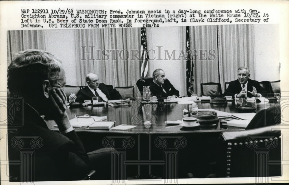 1968 President Johnson meets Gen Vreighton Abrams, Dean Rusk - Historic Images