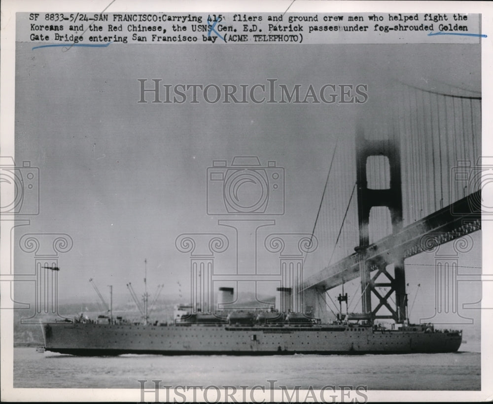 1951 Press Photo USN Gen ED Patrick ship passes under Golden Gate Bridge - Historic Images