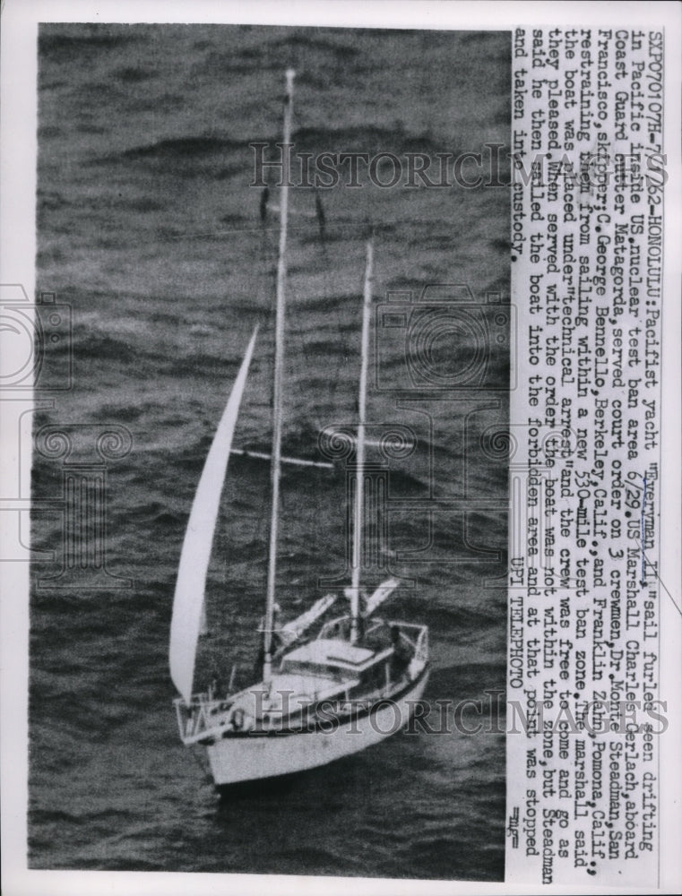 1962 Press Photo Yacht Everyman II  sails in nuclear test ban area - Historic Images