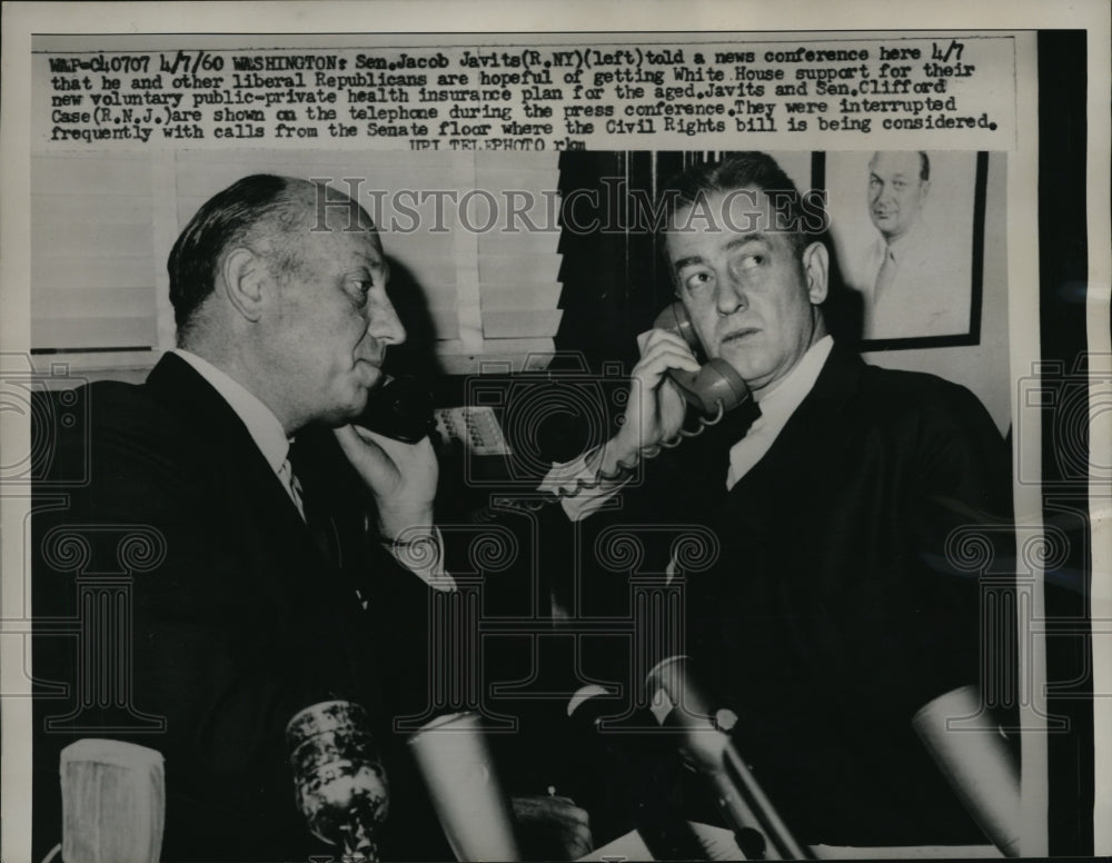 1960 Press Photo Senator Jacob Javitz, Clifford Case on Telephone, Washington DC - Historic Images