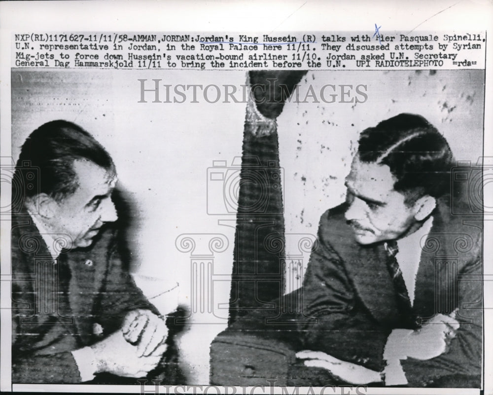 1958 Press Photo Amman Jordan King Hussein & Pier Pasquale Spinelli of UN - Historic Images