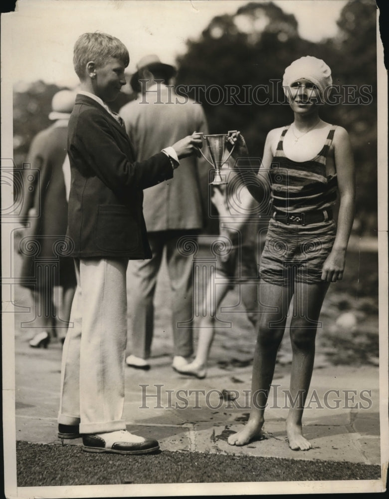 1929 Press Photo Jay Rutherford Presenting Swimming Cup to Priscilla St. George - Historic Images
