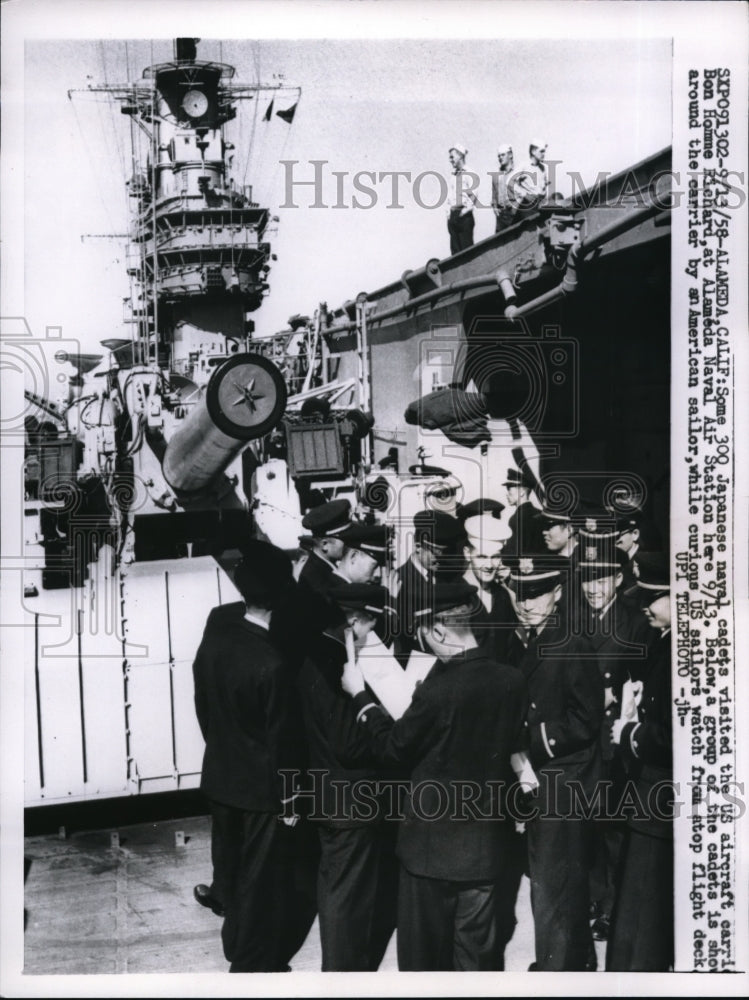 1958 Press Photo Japanese Naval Cadets at US Aircraft Carrier Bon Homme Richard-Historic Images