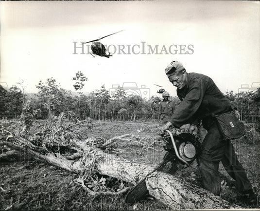 1966 Army First Cavalryman Cuts Tree to Set Up Command Post Cambodia-Historic Images