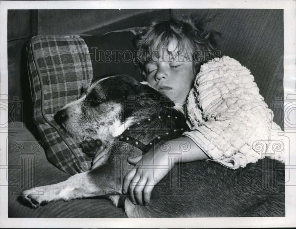 1947 Press Photo Linda Henderson, 7, and her dog, Butch, homeless in L.A. - Historic Images