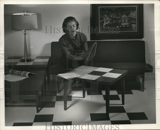 1957 Blue & white vinyl coverings for home furniture-Historic Images