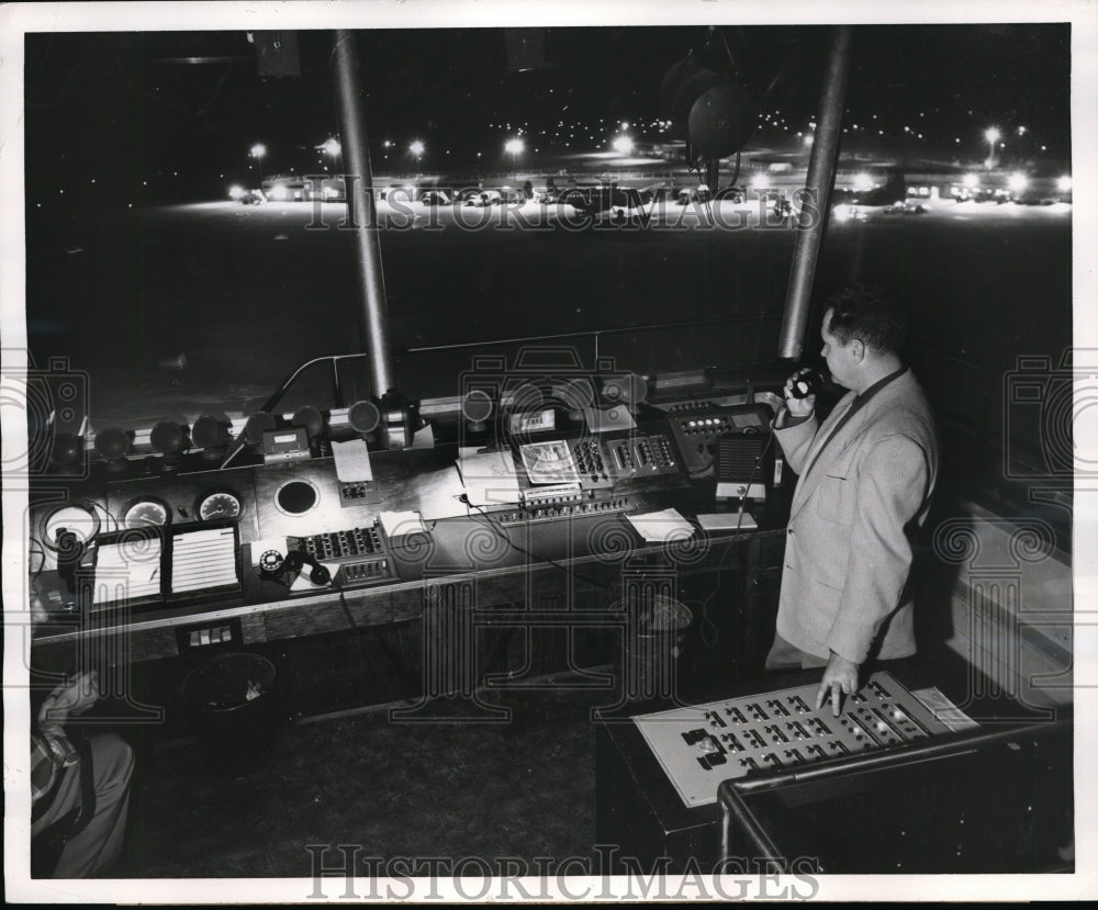 1956 Westinghouse lights run from control tower at Ohare airport - Historic Images