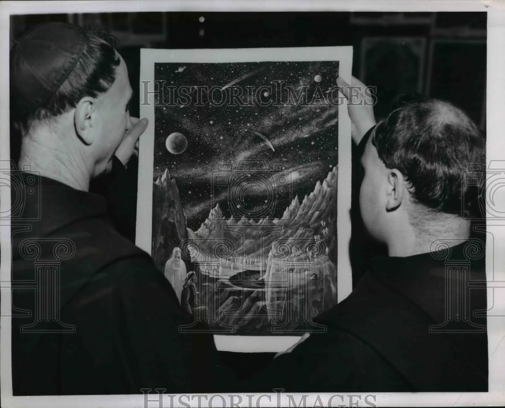 1954 Press Photo 2 Monks Look at Artwork by Oreste Dorbes at Exhibition in Rome-Historic Images