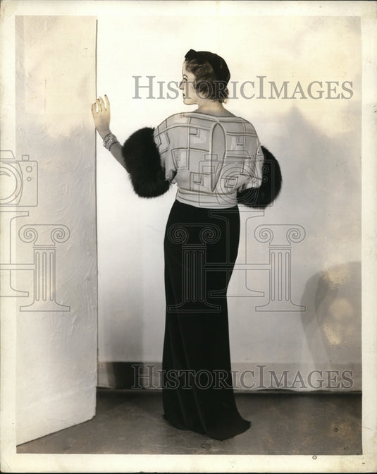 1932 Press Photo Black & White Theater Gown with Crystal Clips of Silk & Wool-Historic Images
