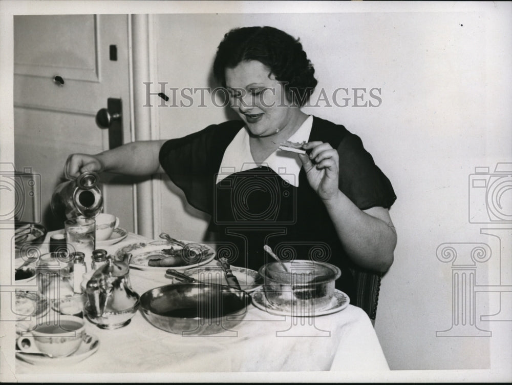 1937 Henrietta Koscianski Having Breakfast at Hotel Astor NY - Historic Images