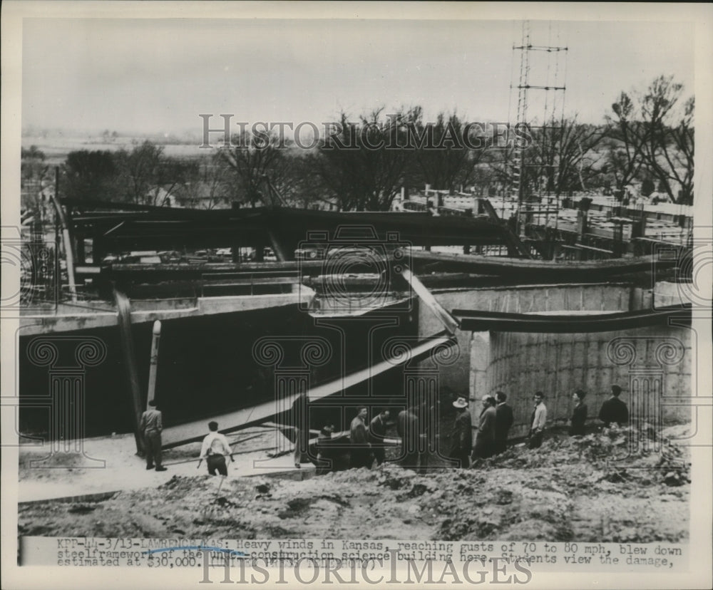 1952 Press Photo Building Framework Blown Down by Strong Winds, Lawrence Kansas-Historic Images