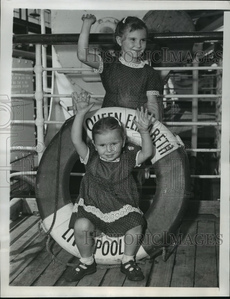 1947 Barbara Jean &amp; Judith Ann Kimball Aboard Queen Elizabeth - Historic Images