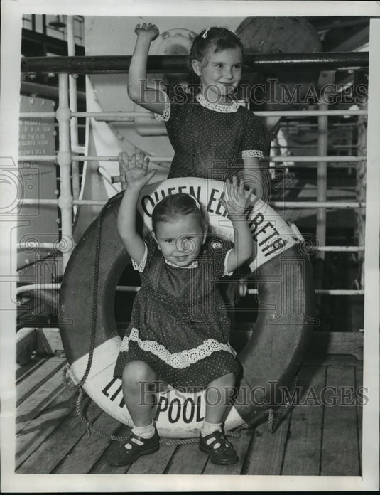 1947 Barbara Jean & Judith Ann Kimball Aboard Queen Elizabeth - Historic Images
