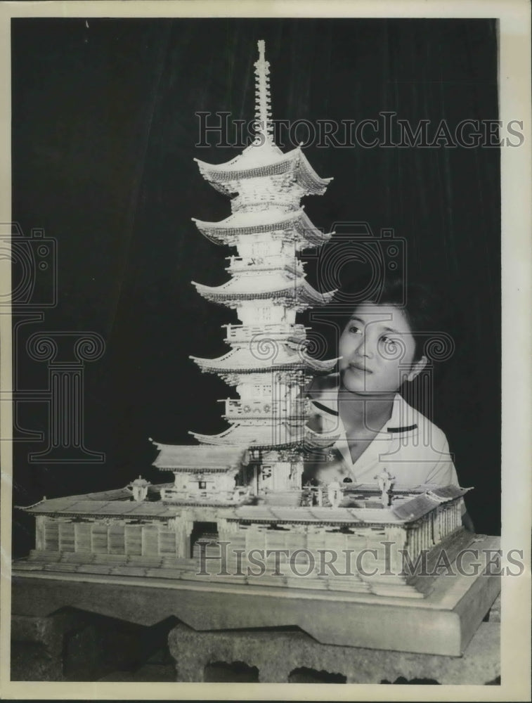 1962 Press Photo Japanese 5-Storied Pagoda Reproduced in Match-Stick Replica-Historic Images