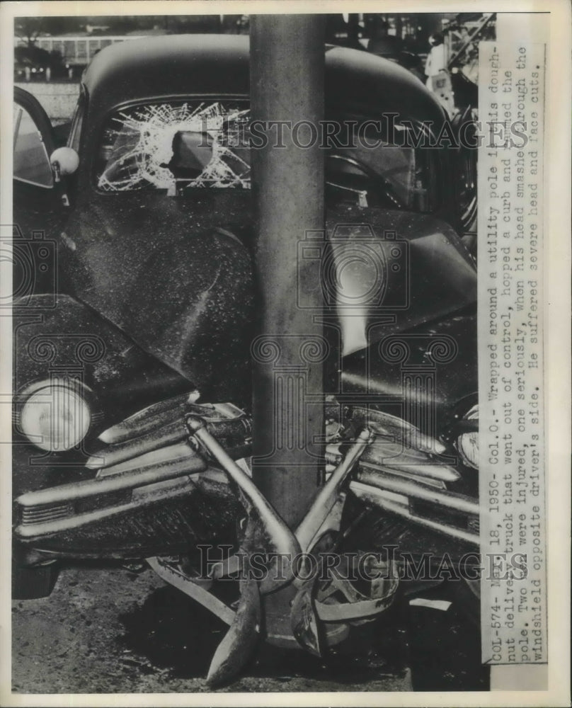 1950 Press Photo Doughnut Delivery Truck Hits Utility Pole in Columbus Ohio - Historic Images