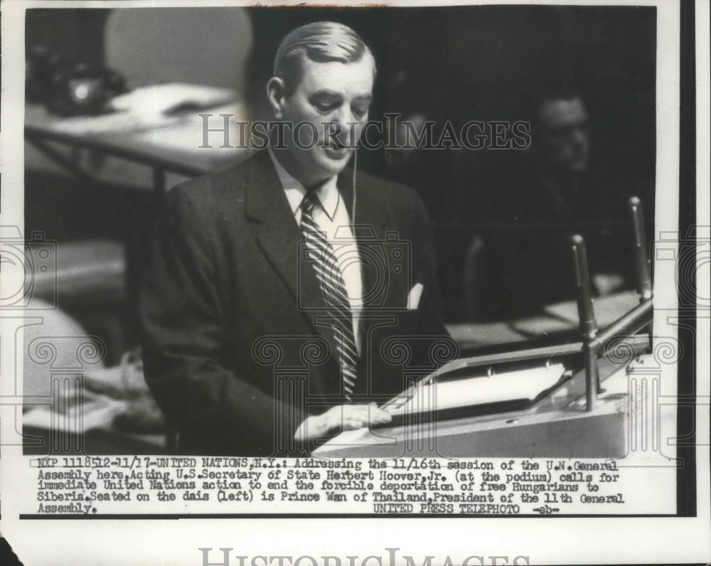 1956 Press Photo US Secretary of State Herbert Hoover Jr at 16th Session at UN - Historic Images