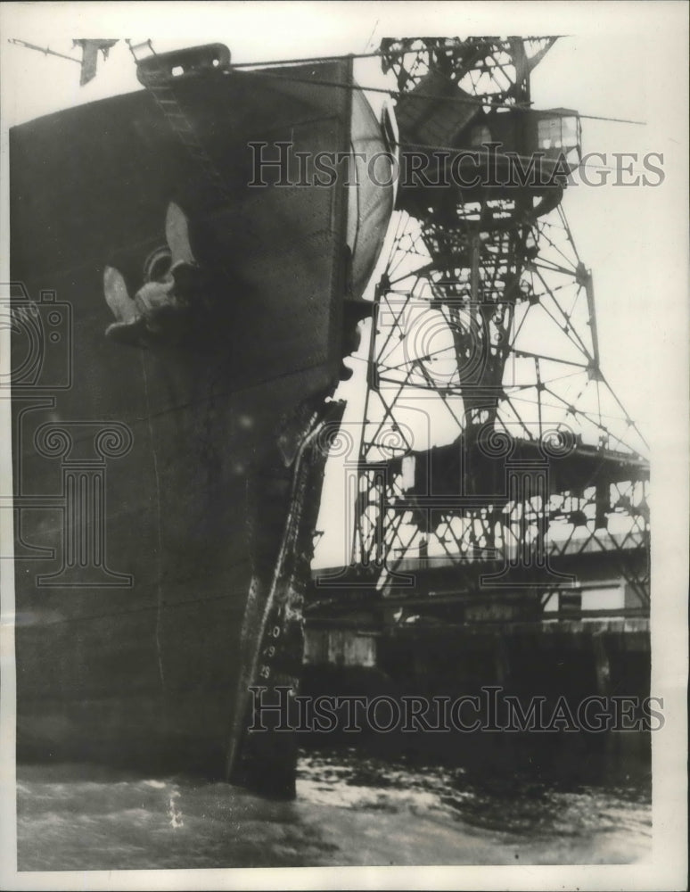 1938 Press Photo SS President Harding Fought Heavy Seas Near France Damaged Bow-Historic Images