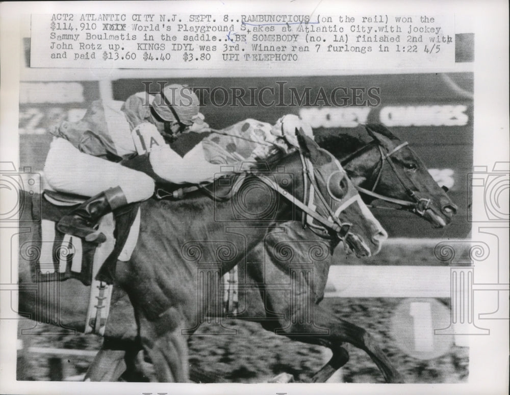 1962 Press Photo Rambunctious Won World&#39;s Playground Stakes with Boulmetis Up-Historic Images