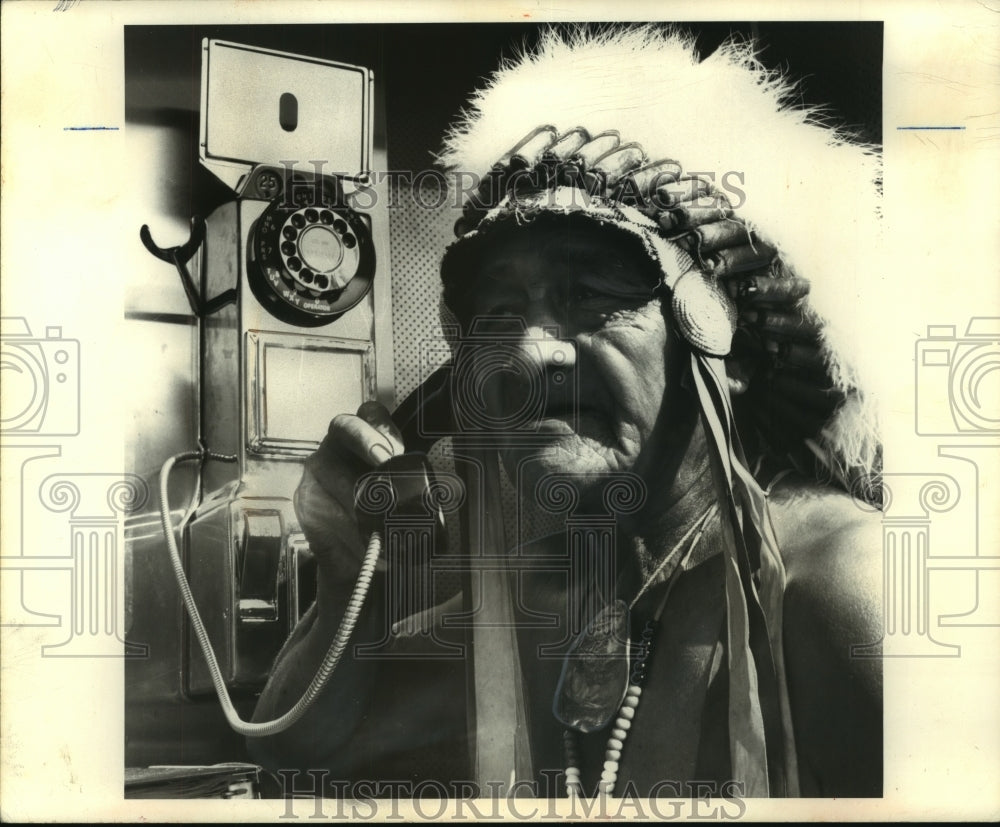 1970 Chief Evergreen Trees Using A Coin Telephone At Wisconsin Dells - Historic Images