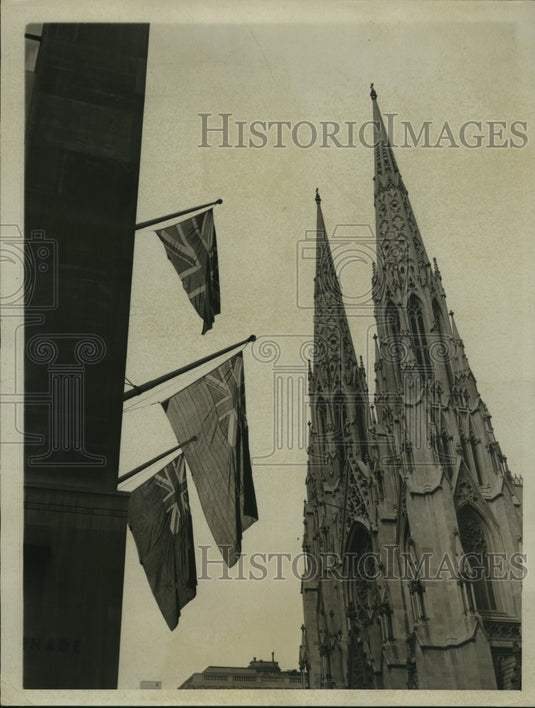1937 St. Patrick's Cathedral In The Background Of British Flags - Historic Images