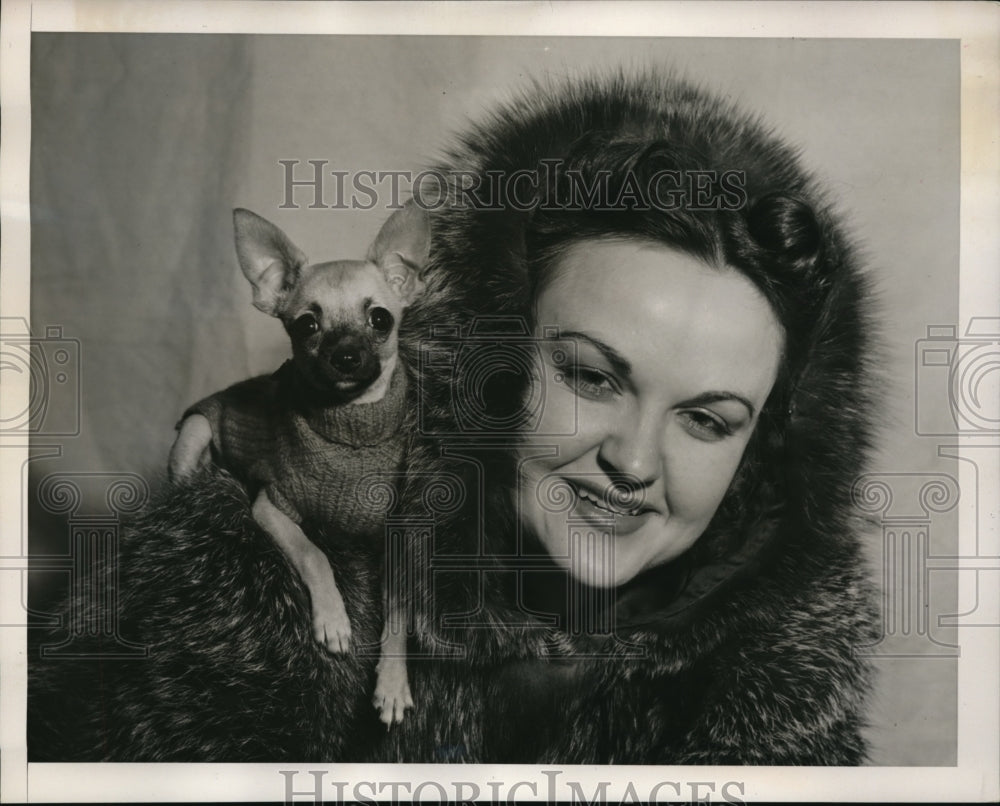 1941 Press Photo Woman with Chihuahua on Shoulder @ Westminster Kennel Club Show - Historic Images