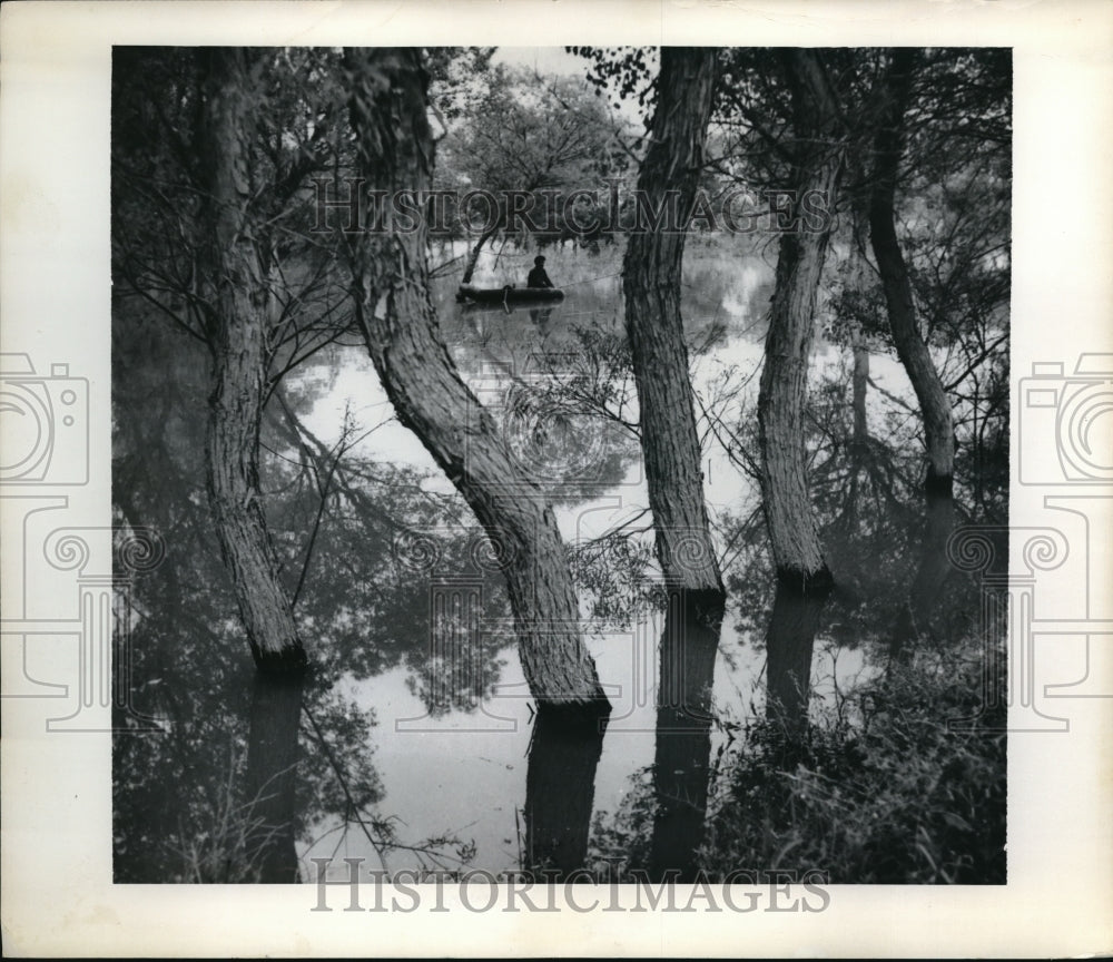 1969 Press Photo Lone Fisherman Amongst Flooded Tree Trunks in Turkmenistan - Historic Images