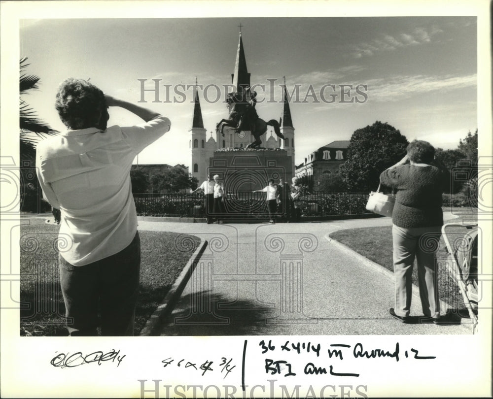 1989 Tourists Take Photos of Andrew Jackson Statue, Jackson Square - Historic Images