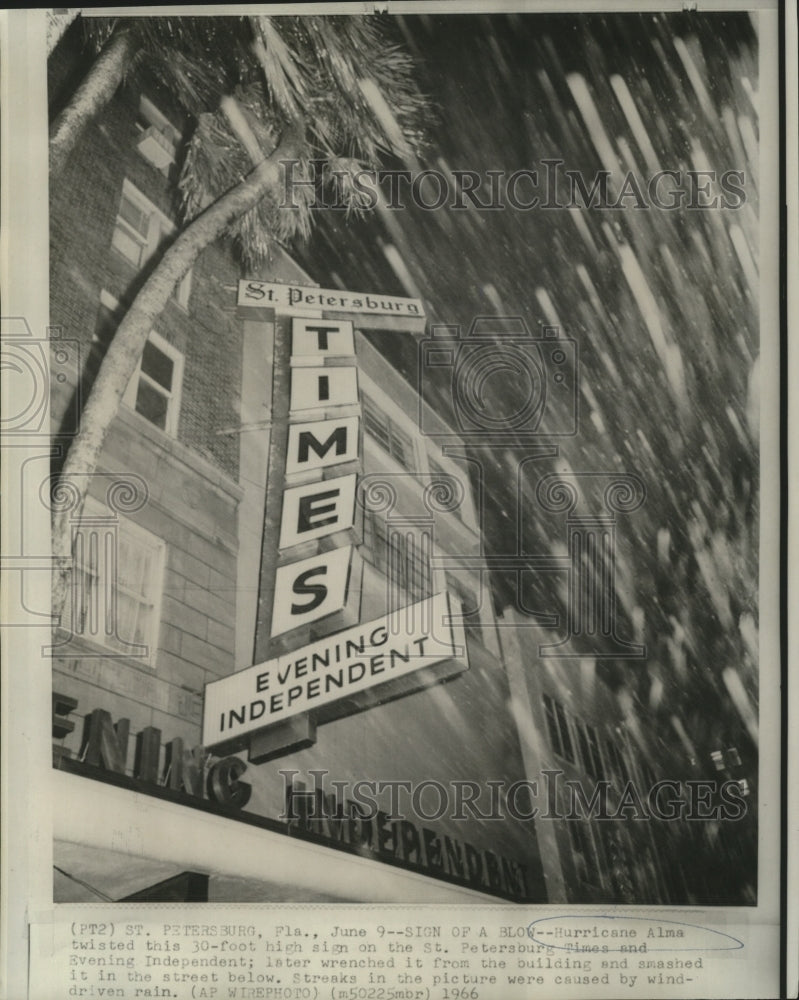 1966 Saint Petersburg Times Sign Twisted by Hurricane Alma - Historic Images