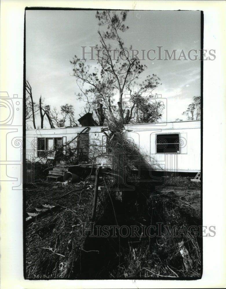 1992 Hurricane Andrew- Lester Redoaux cuts away branches of a tree. - Historic Images