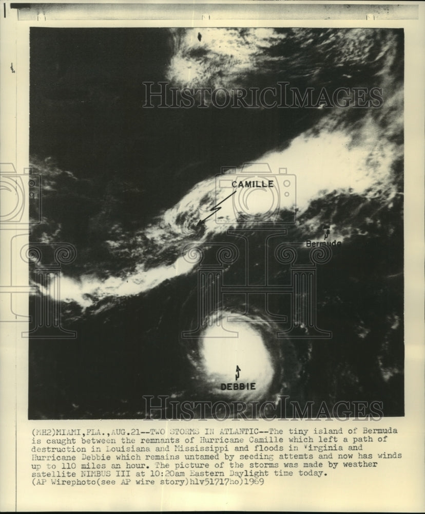 1969 Press Photo Hurricane Camille and Hurricane Debbie in Atlantic Near Bermuda - Historic Images