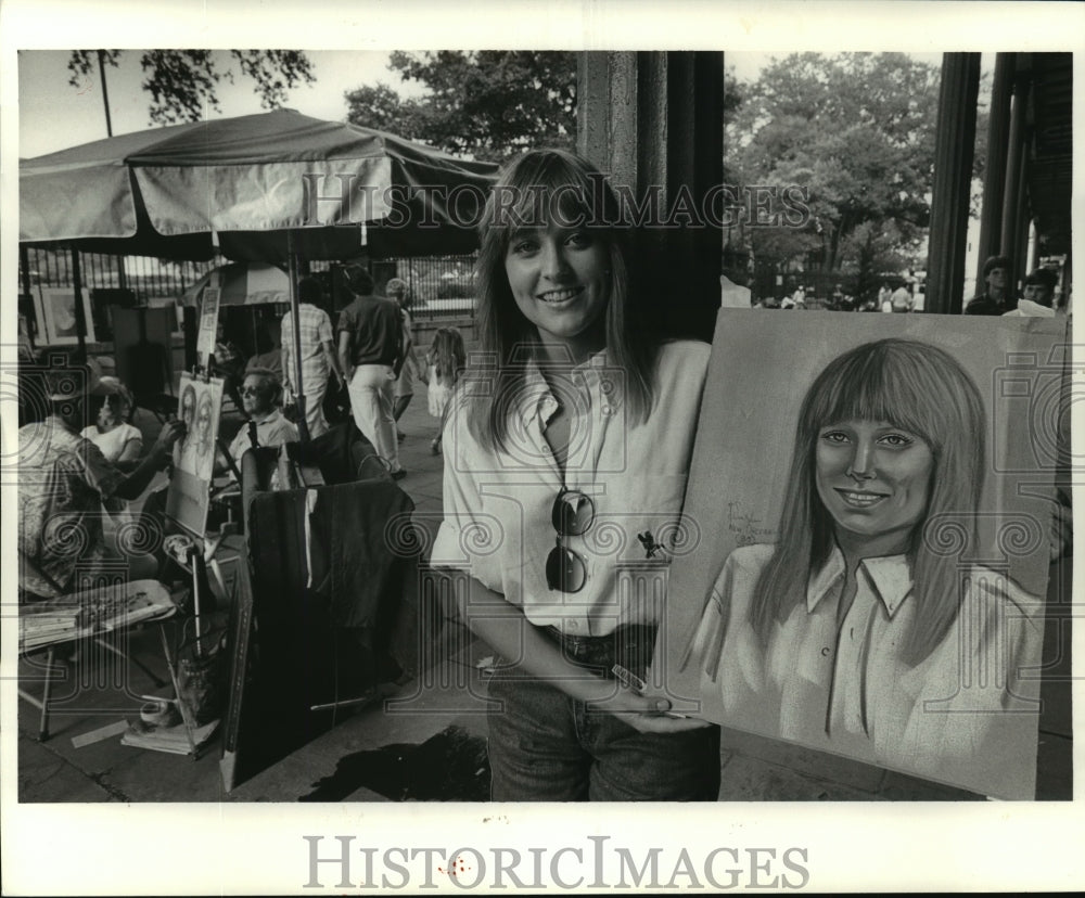 1985 Woman Posing with Painted Portrait in Jackson Square - Historic Images