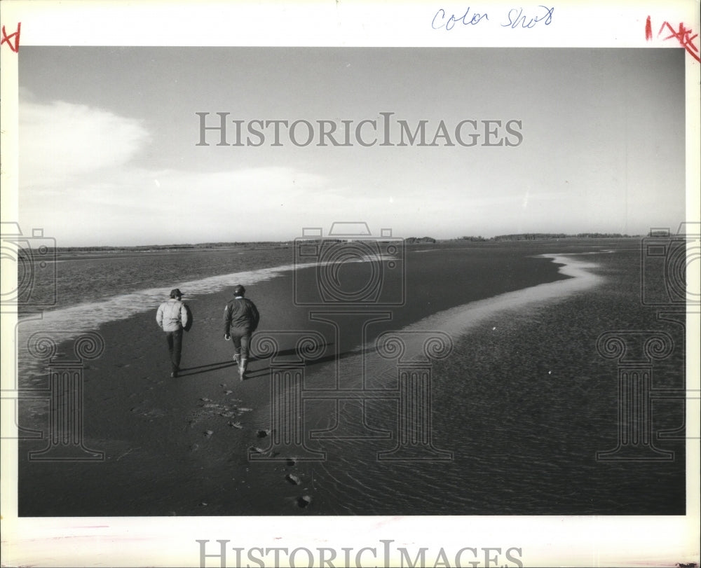 1990 Louisiana Wetlands- Men walking along Wetlands. - Historic Images