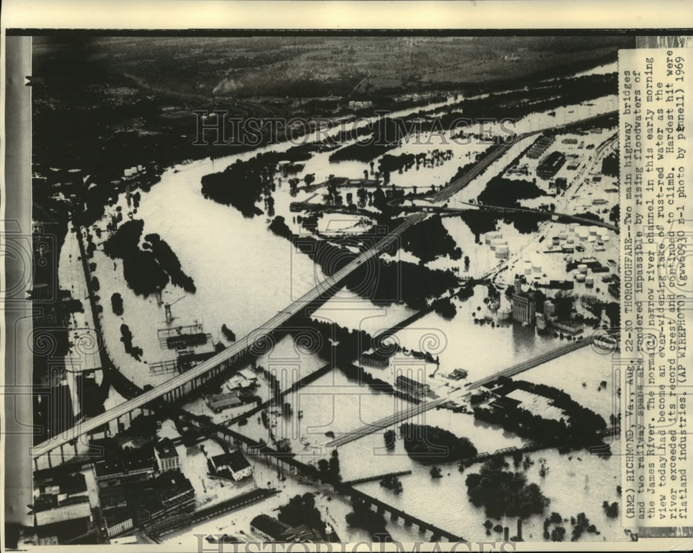 1969 Press Photo Hurricane Camille-Aerial view of floodwaters of James River - Historic Images